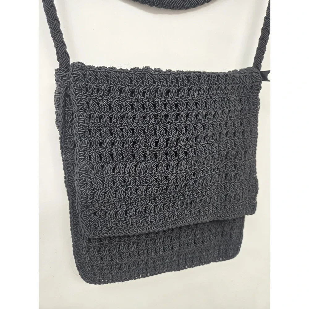 Kathie‎ Lee Collection Crocheted Black Purse Hippie Boho Black Shoulder Bag VTG